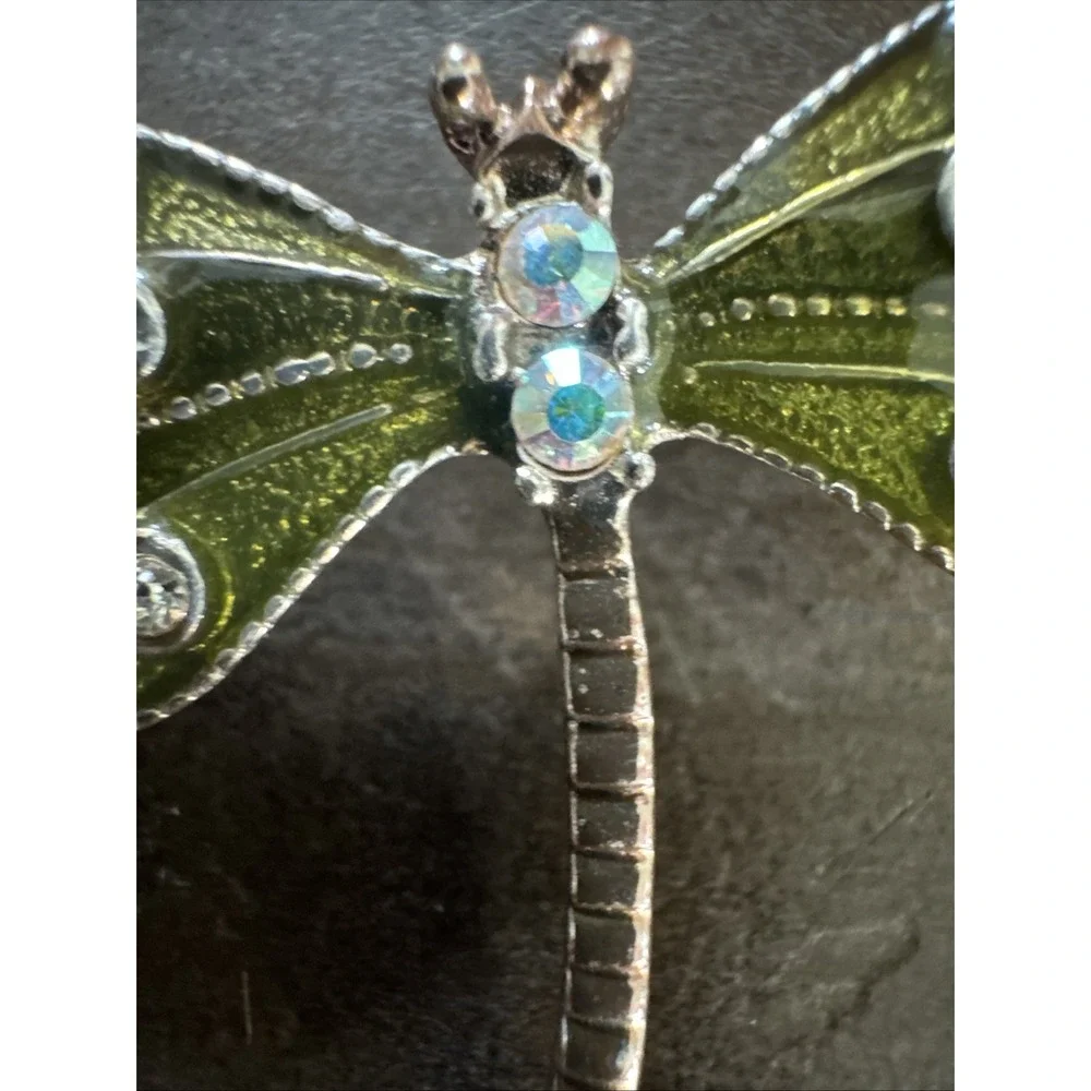 Green Enamel Dragonfly Brooch Pin Silver Color Retro Vintage Estate Boho